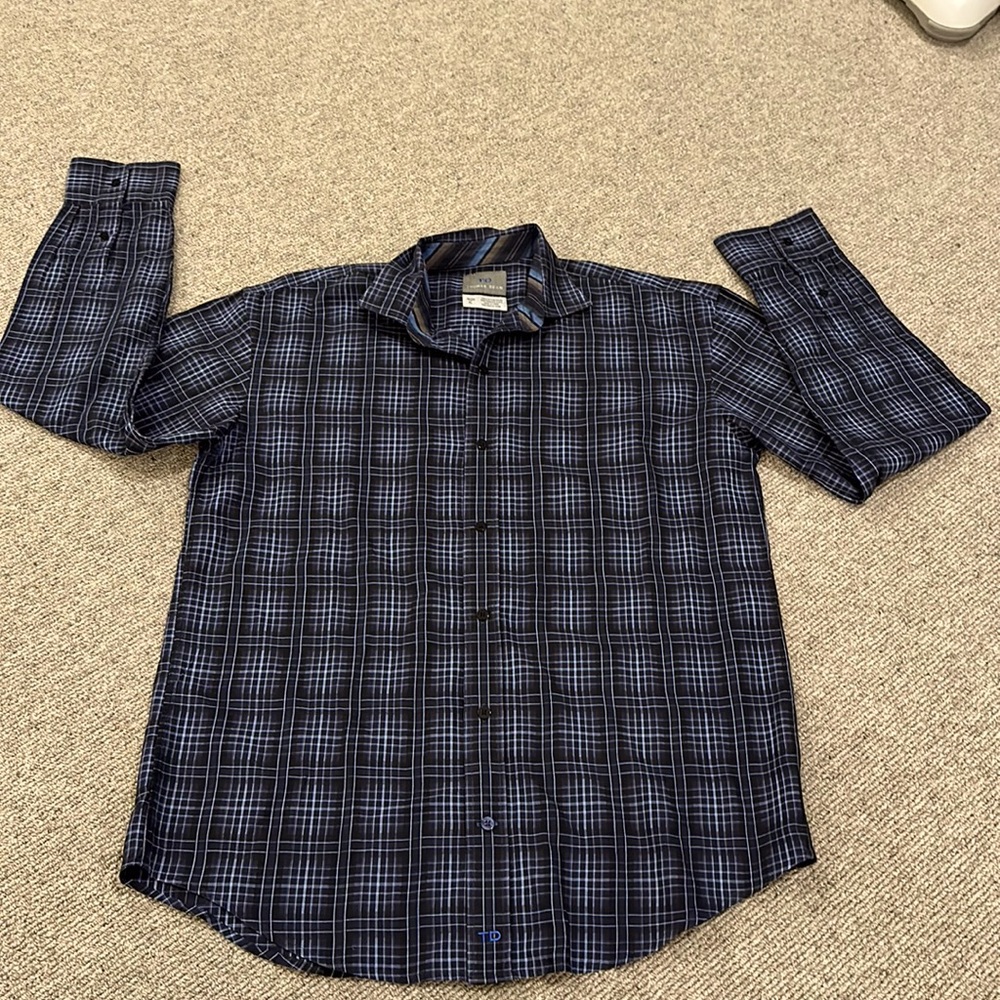 THOMAS DEAN BOYS COTTON BLUE, BLACK & BROWN PATTERNED SHIRT W/CONTRASTING CUFFS